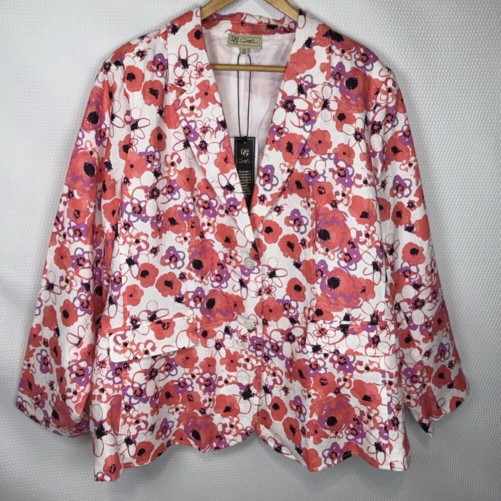 DG2 by Diane Gilman 100% Linen Floral Lined Blazer Size 1X Vibrant Colors#476087